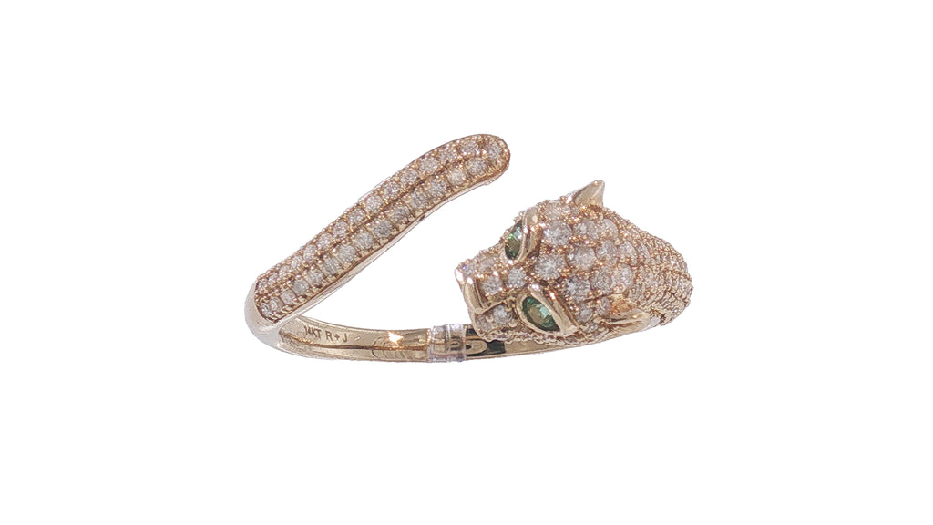 14K Yellow Gold Diamond Pavé Panther Ring with Emerald Eyes, .50ct