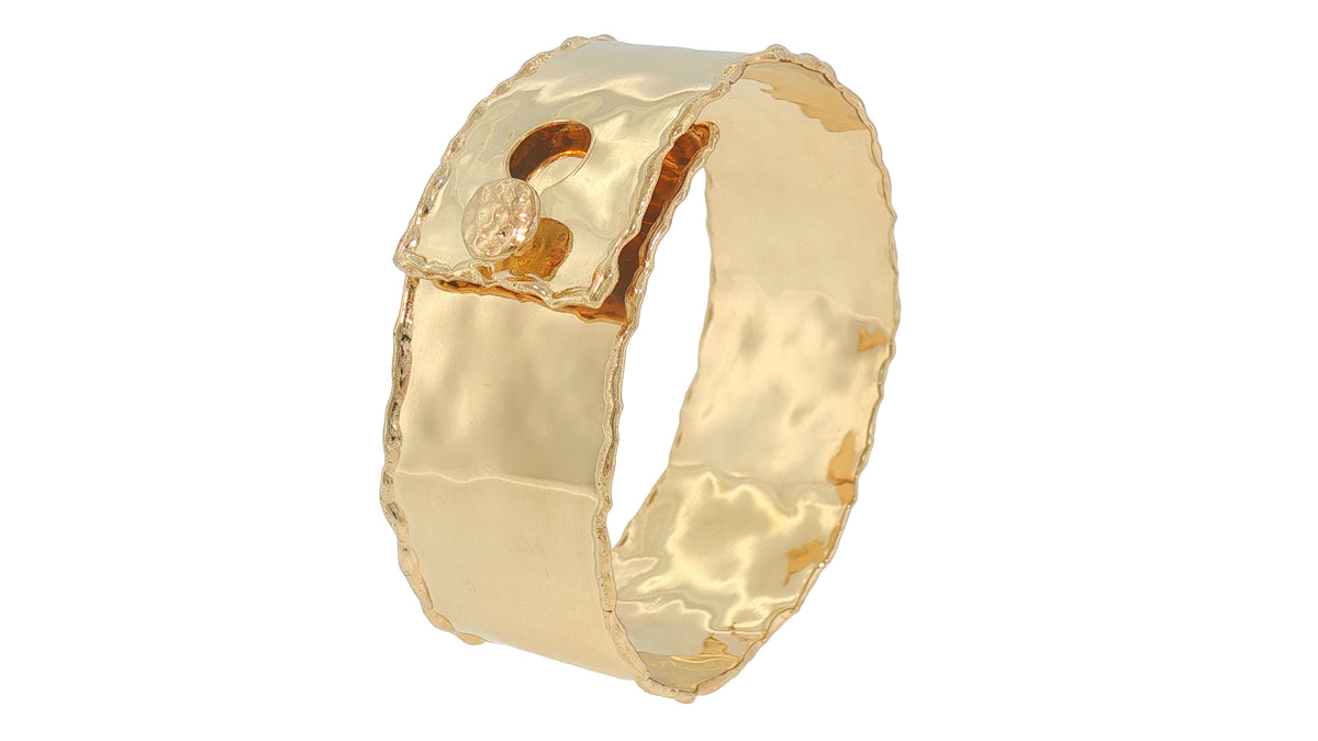 Handcrafted 14K Yellow Gold Wide Cuff Bangle Bracelet with Rolled Edges, 32.2 Grams