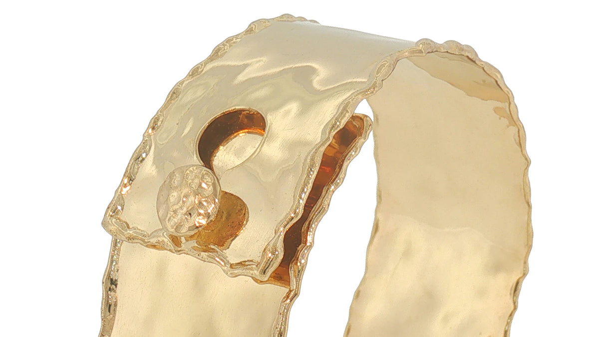 Handcrafted 14K Yellow Gold Wide Cuff Bangle Bracelet with Rolled Edges, 32.2 Grams