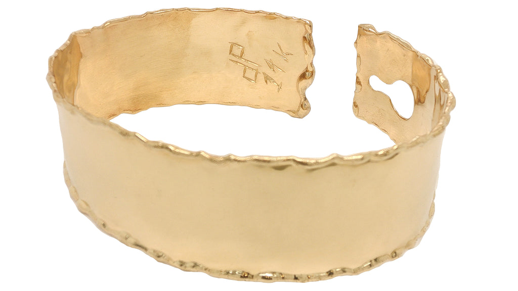 Handcrafted 14K Yellow Gold Wide Cuff Bangle Bracelet with Rolled Edges, 32.2 Grams