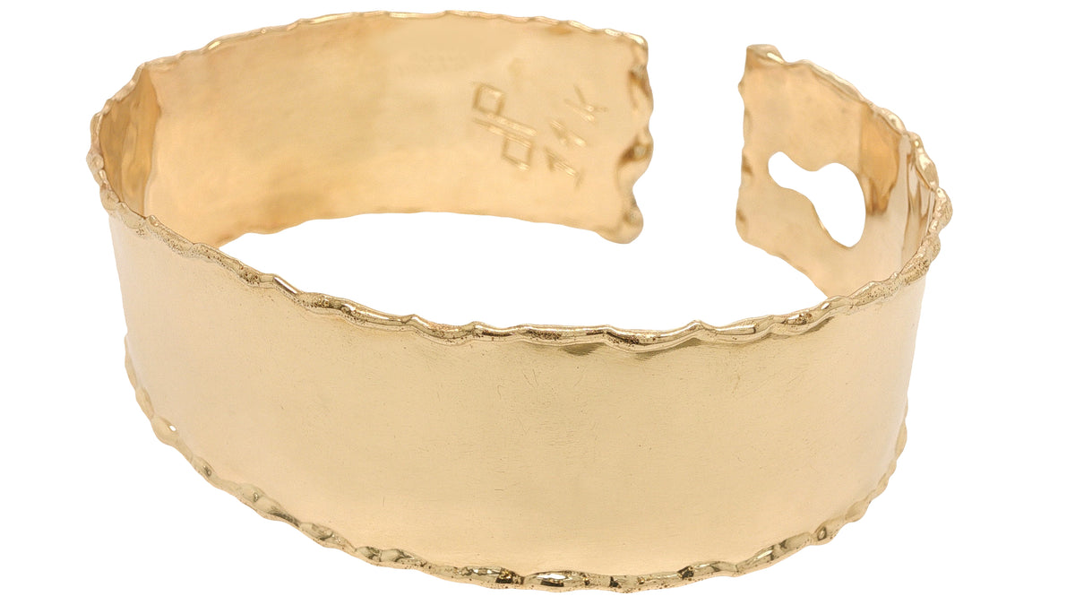 Handcrafted 14K Yellow Gold Wide Cuff Bangle Bracelet with Rolled Edges, 32.2 Grams