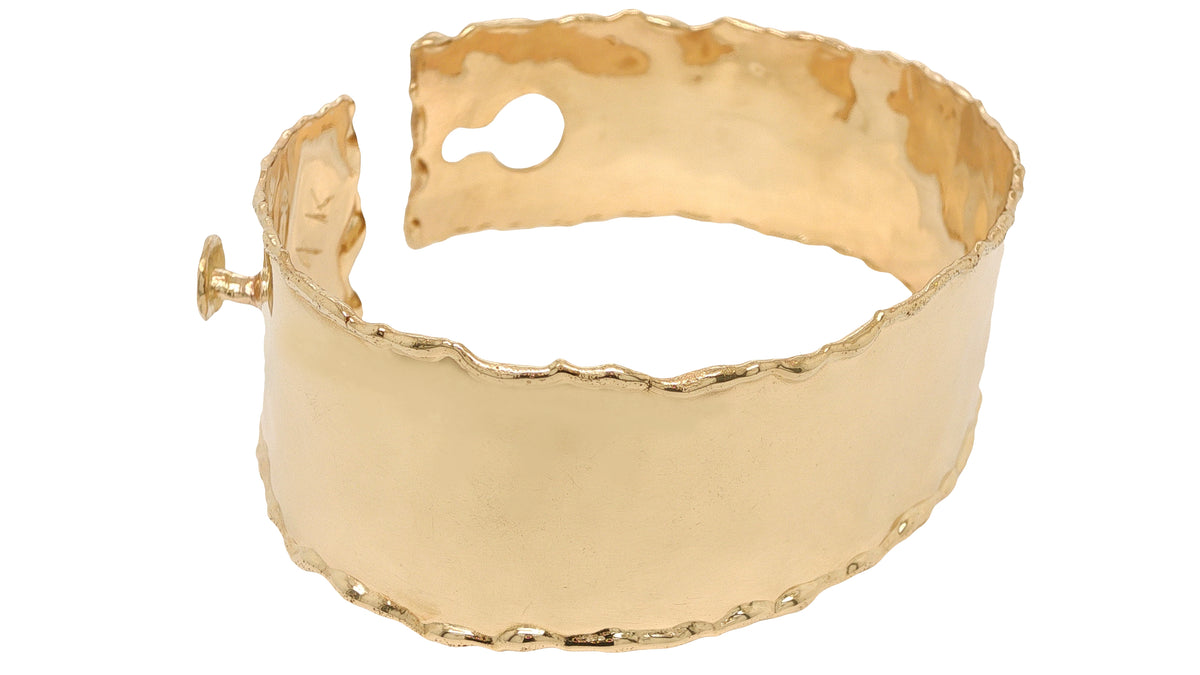 Handcrafted 14K Yellow Gold Wide Cuff Bangle Bracelet with Rolled Edges, 32.2 Grams