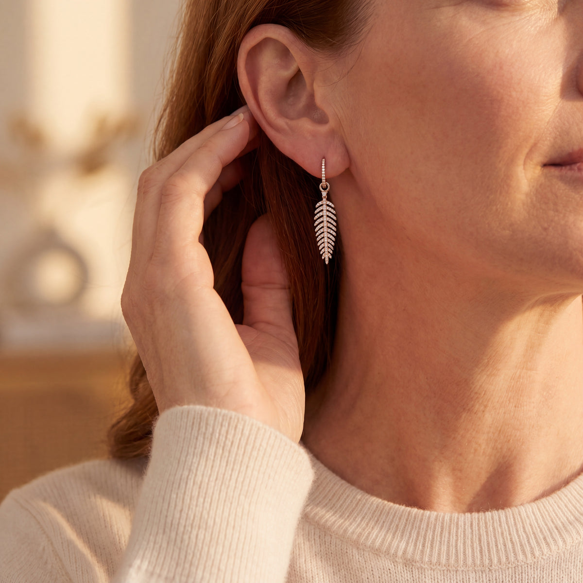 Drop Earrings - 14K Yellow Gold Diamond Pave' in Leaf Motif w/ Fluidly Moving Fronds