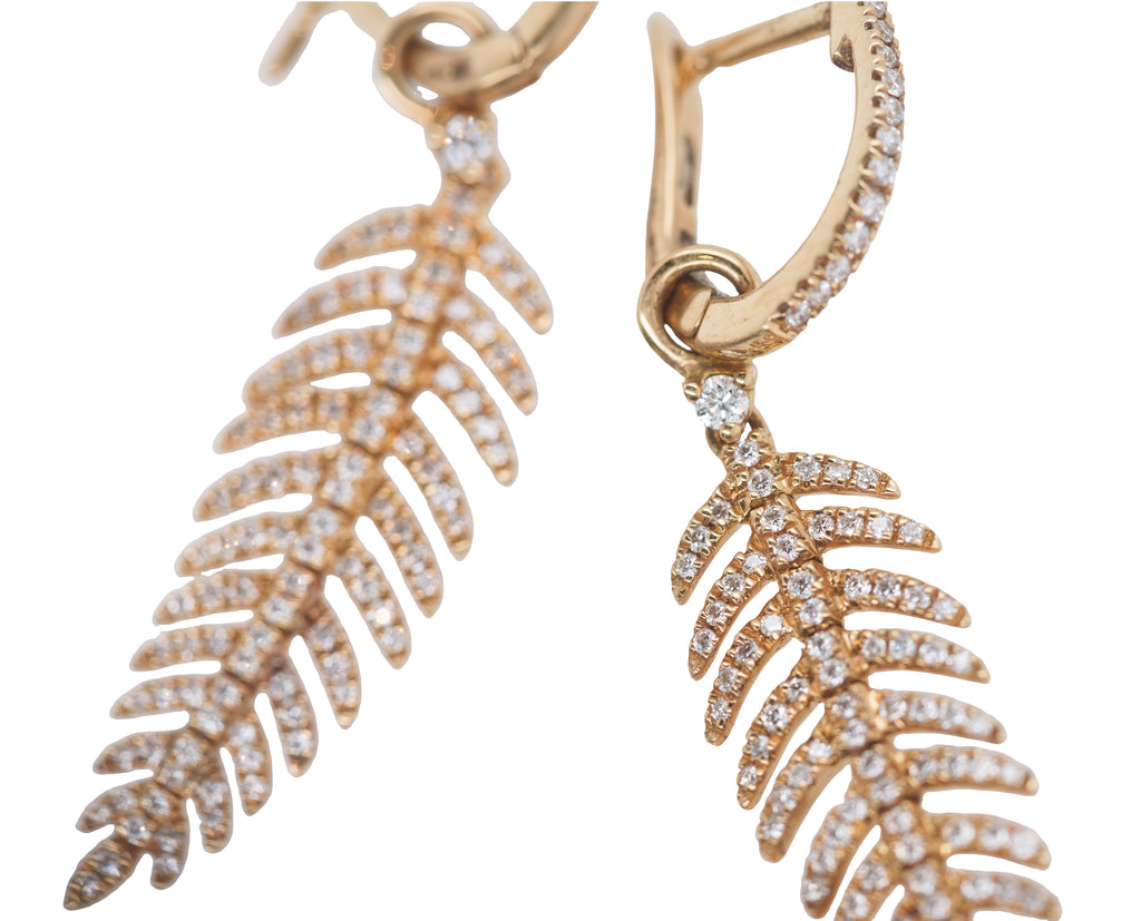 Drop Earrings - 14K Yellow Gold Diamond Pave' in Leaf Motif w/ Fluidly Moving Fronds