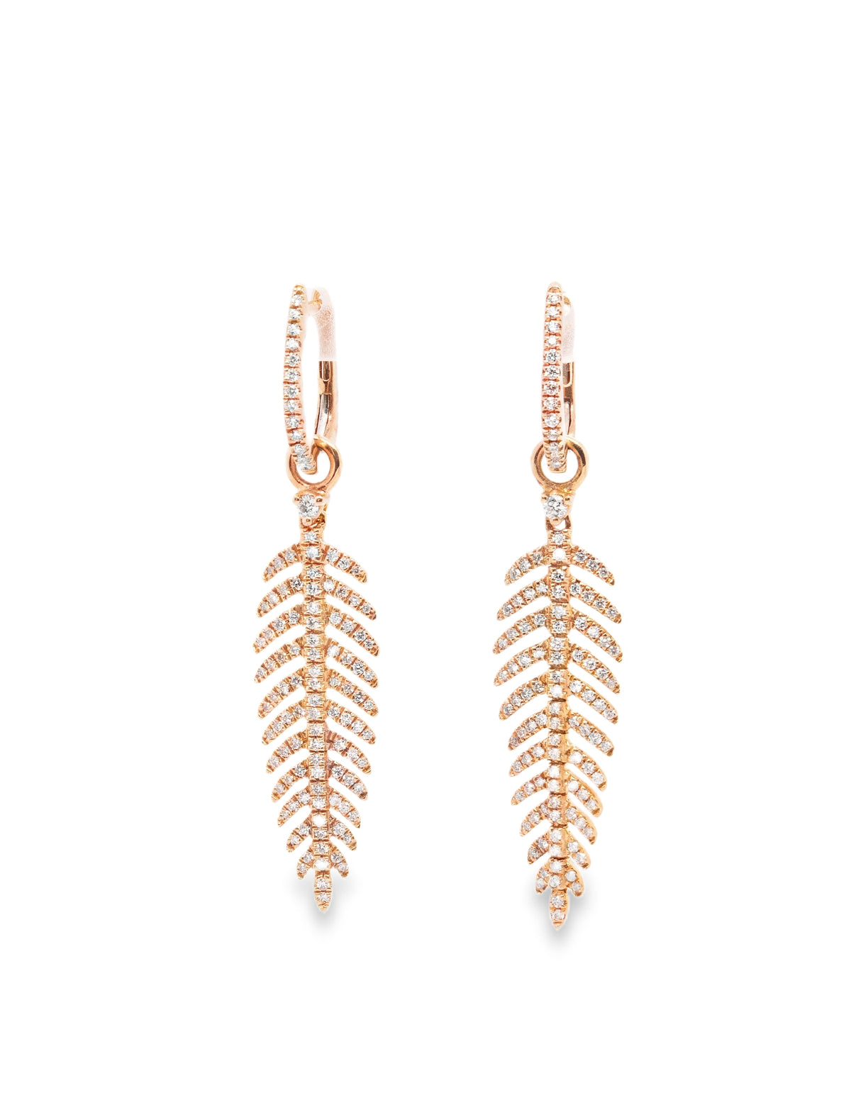 Drop Earrings - 14K Yellow Gold Diamond Pave' in Leaf Motif w/ Fluidly Moving Fronds