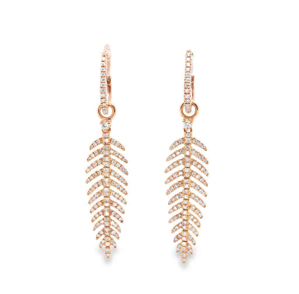 Drop Earrings - 14K Yellow Gold Diamond Pave' in Leaf Motif w/ Fluidly Moving Fronds
