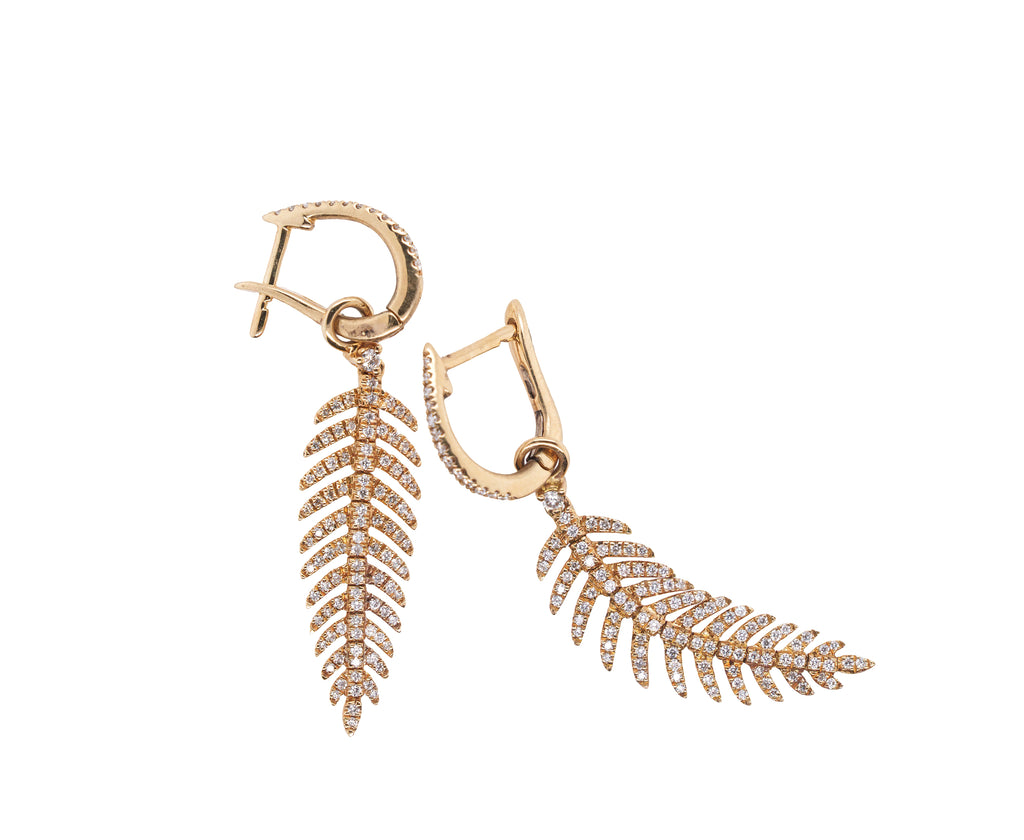 Drop Earrings - 14K Yellow Gold Diamond Pave' in Leaf Motif w/ Fluidly Moving Fronds
