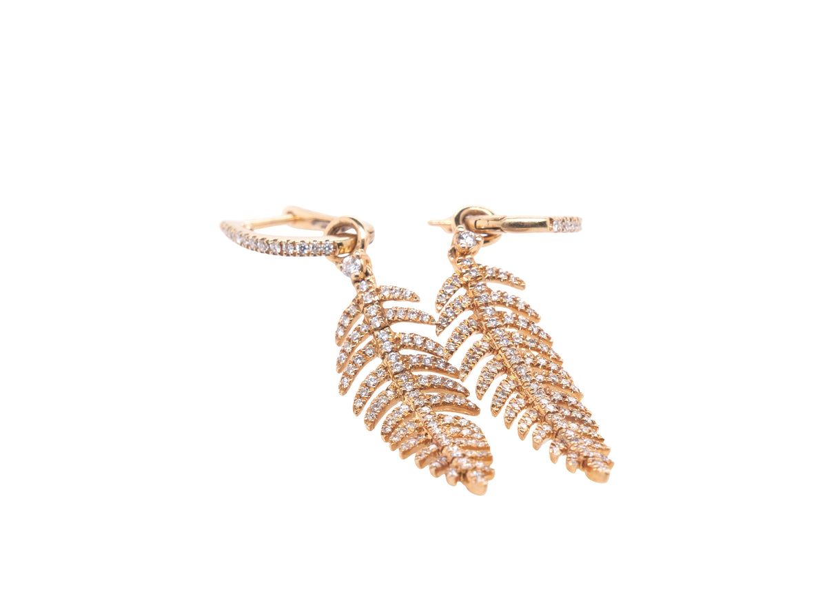 Drop Earrings - 14K Yellow Gold Diamond Pave' in Leaf Motif w/ Fluidly Moving Fronds
