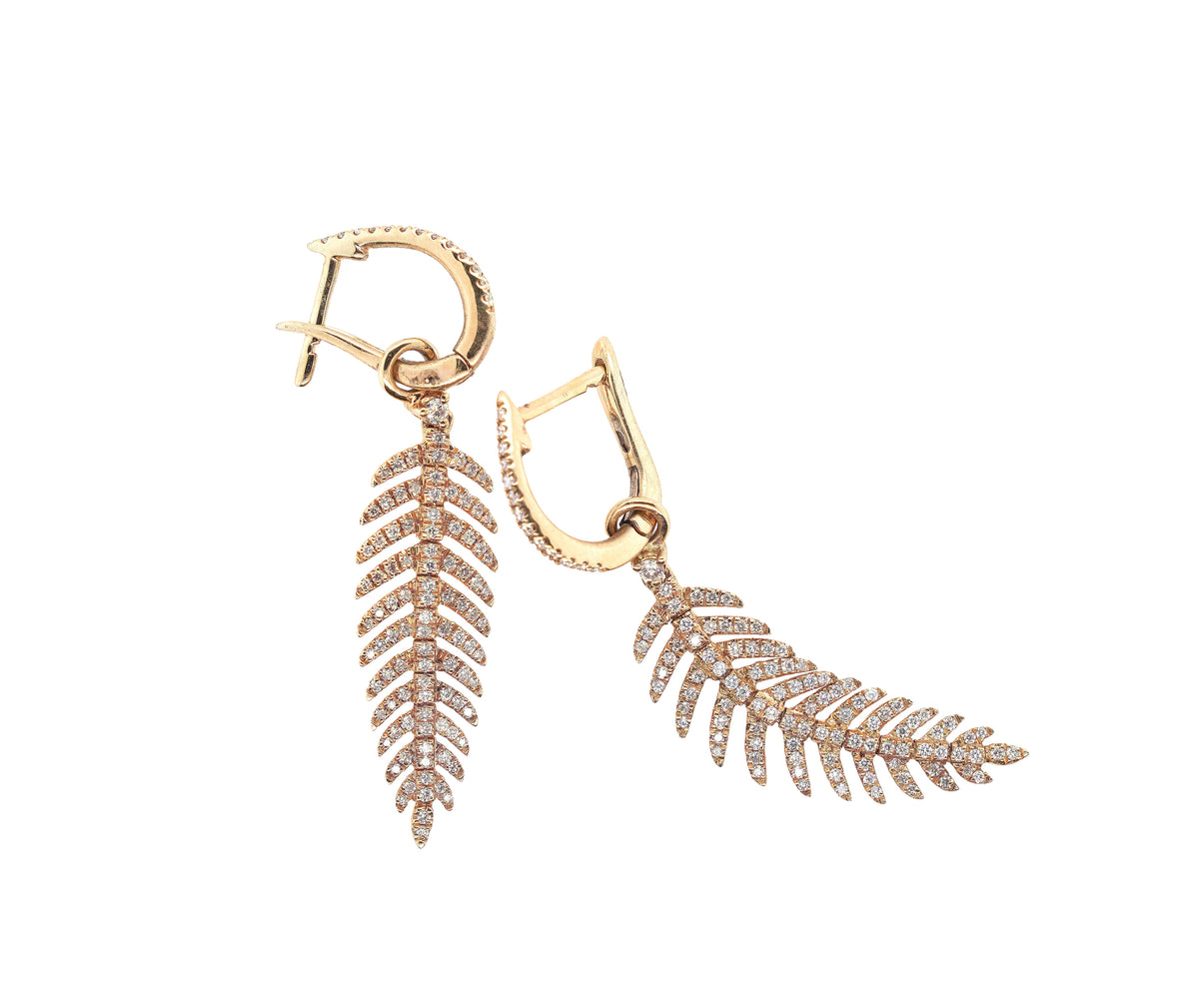 Drop Earrings - 14K Yellow Gold Diamond Pave' in Leaf Motif w/ Fluidly Moving Fronds