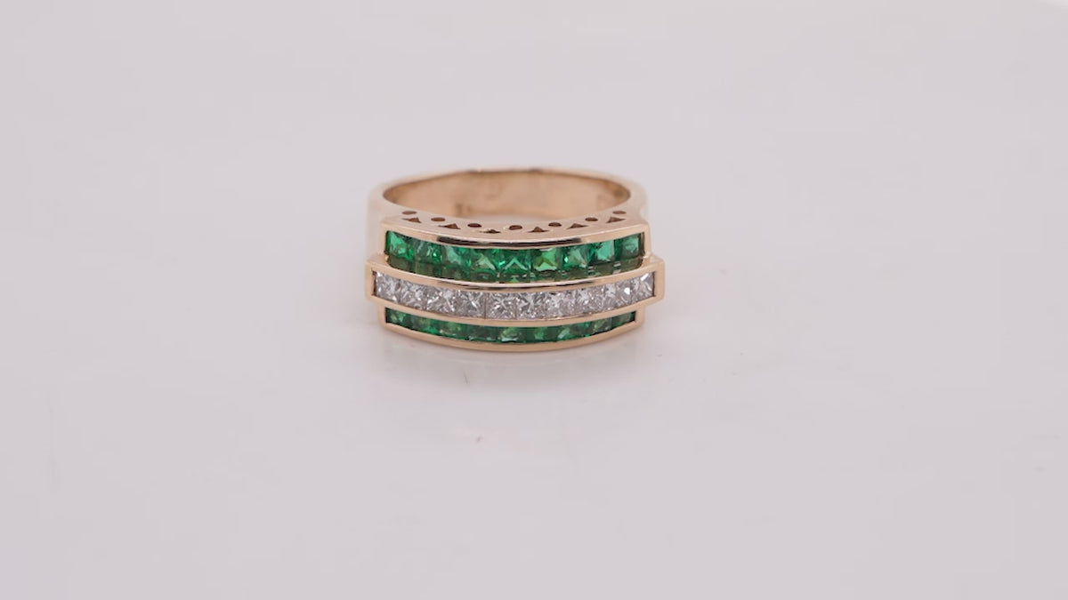 18K Yellow Gold Band Ring - 2.40 Carats of Princess Cut Emeralds and Channel Set Diamonds