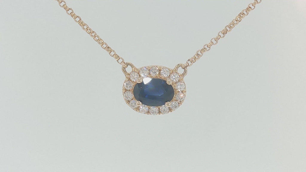 14K Yellow Gold Oval Blue Sapphire Halo Necklace
