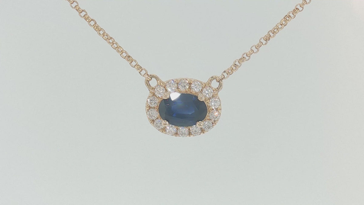 14K Yellow Gold Oval Blue Sapphire Halo Necklace
