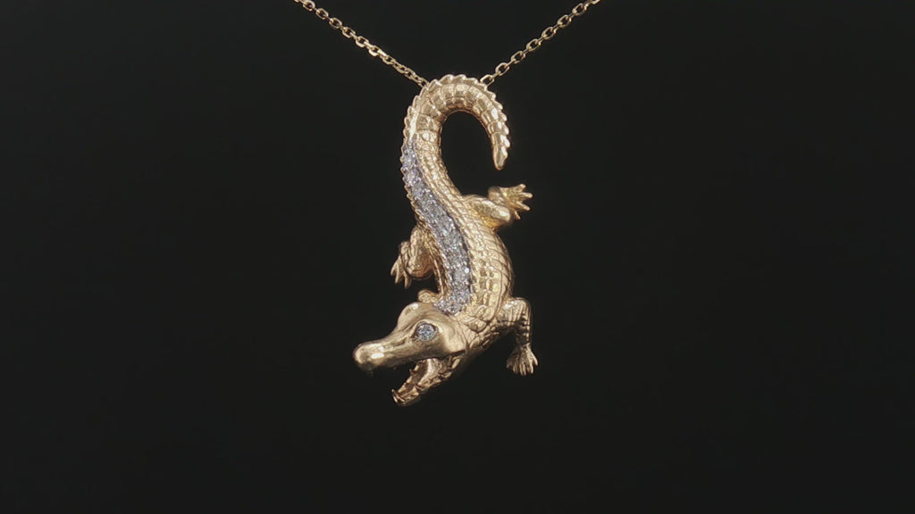14K Yellow Gold Sculpted Alligator Pendant Necklace with Pavé Diamond Back