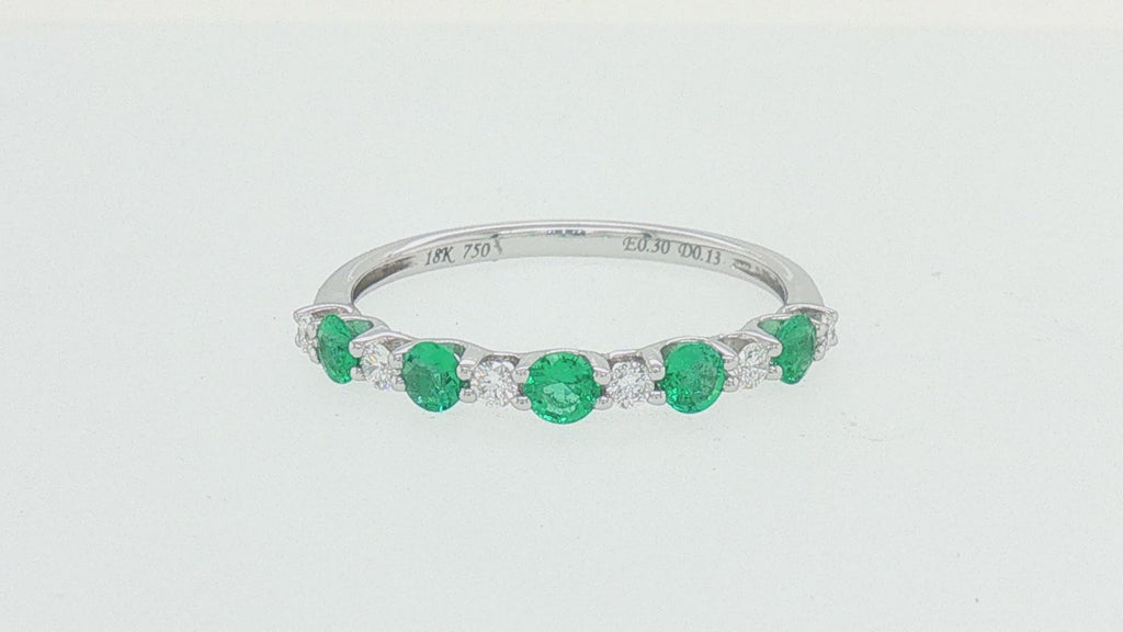 18K White Gold Emerald and Diamond Shared-Prong Stackable Band Ring