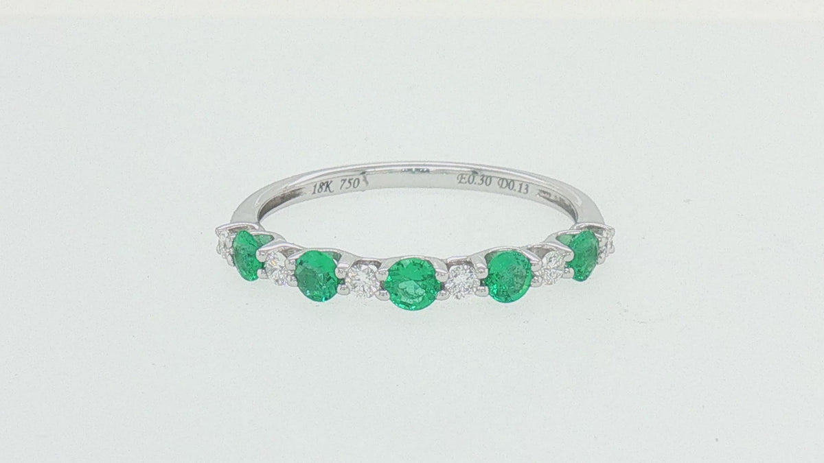 18K White Gold Emerald and Diamond Shared-Prong Stackable Band Ring