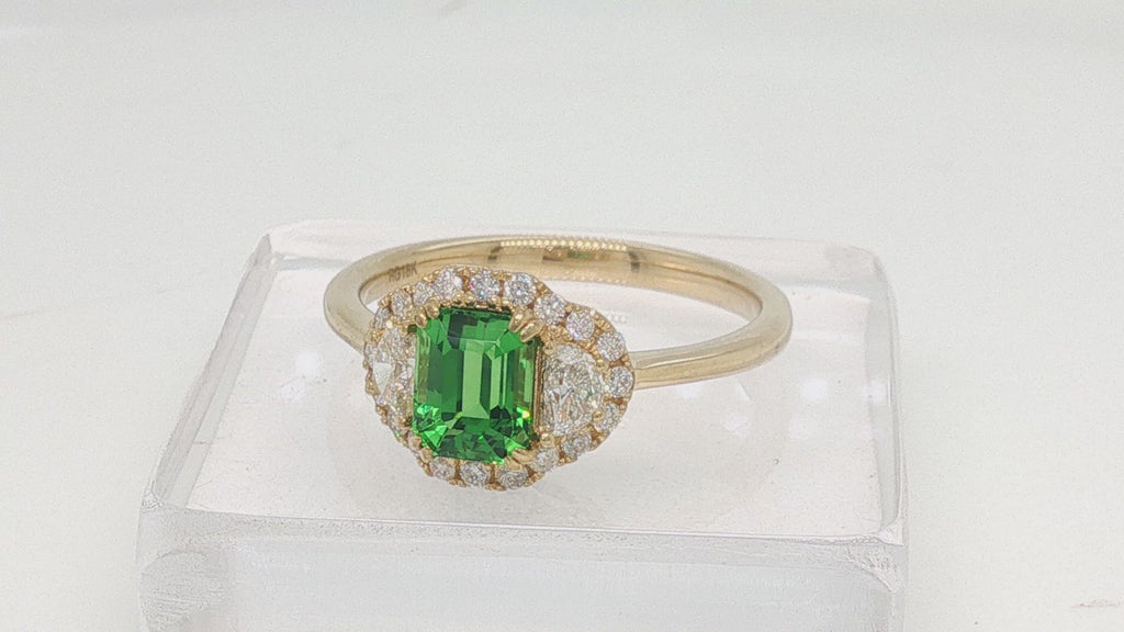 GIA Certified Tsavorite Garnet and Diamond Halo Ring in 18K Yellow Gold