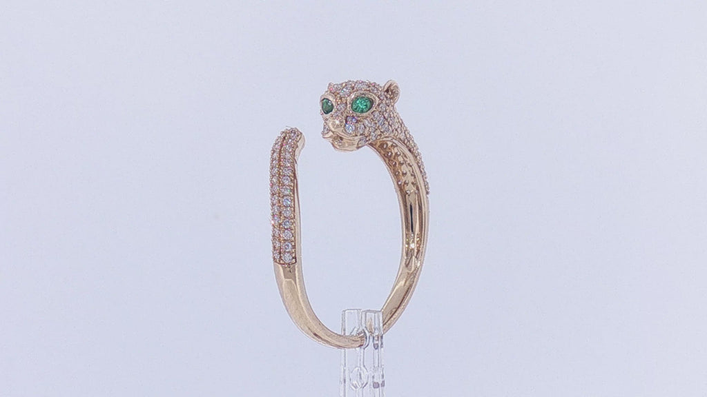 14K Yellow Gold Diamond Pavé Panther Ring with Emerald Eyes, .50ct