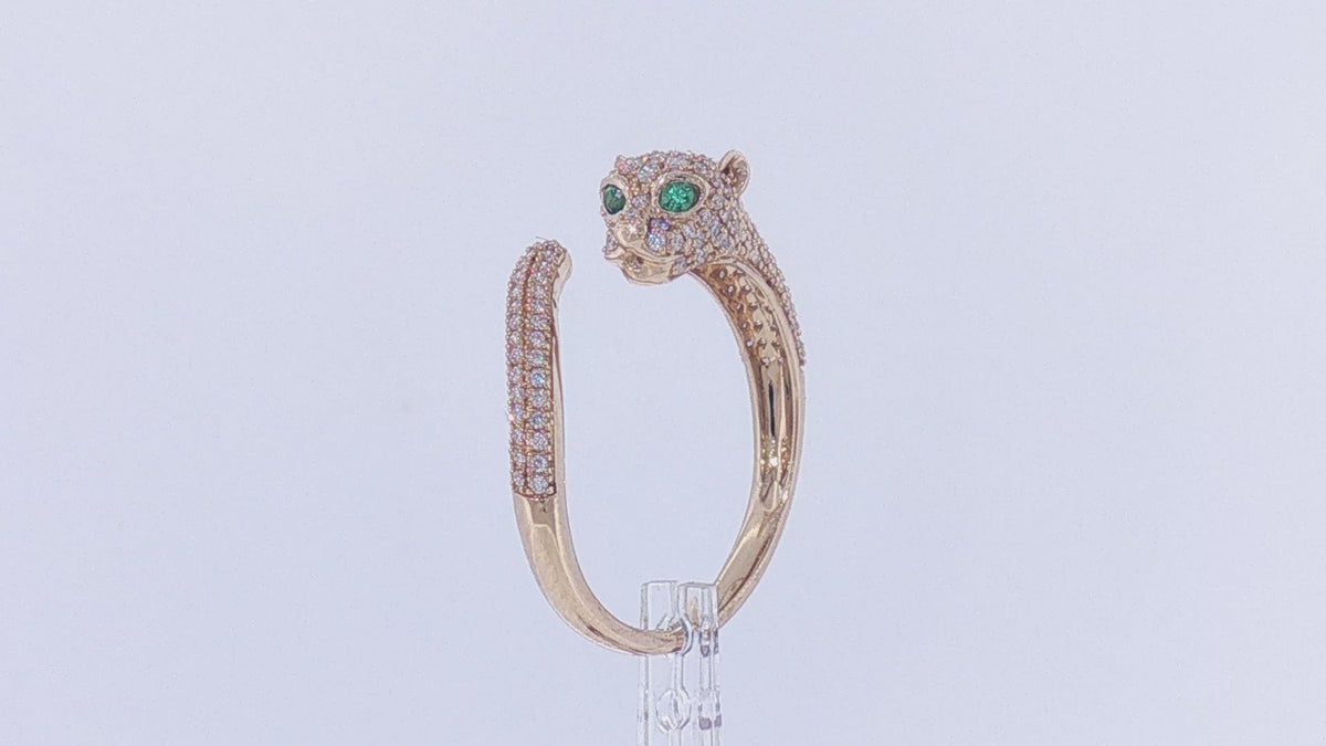14K Yellow Gold Diamond Pavé Panther Ring with Emerald Eyes, .50ct
