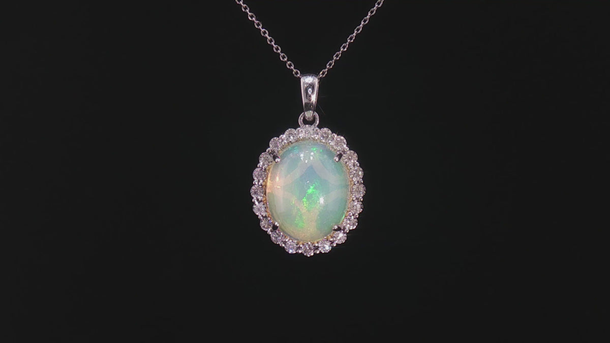 18K White Gold 2.70 Carat Oval Opal Diamond Halo Pendant Necklace, 18" Chain