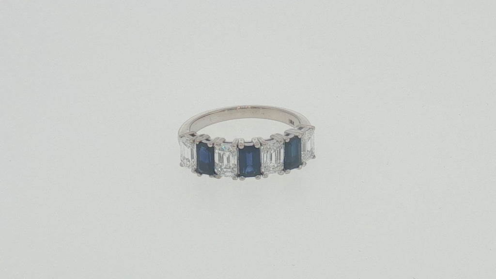 GIA Certified Emerald Cut Sapphire Diamond Band Ring in 18K White Gold