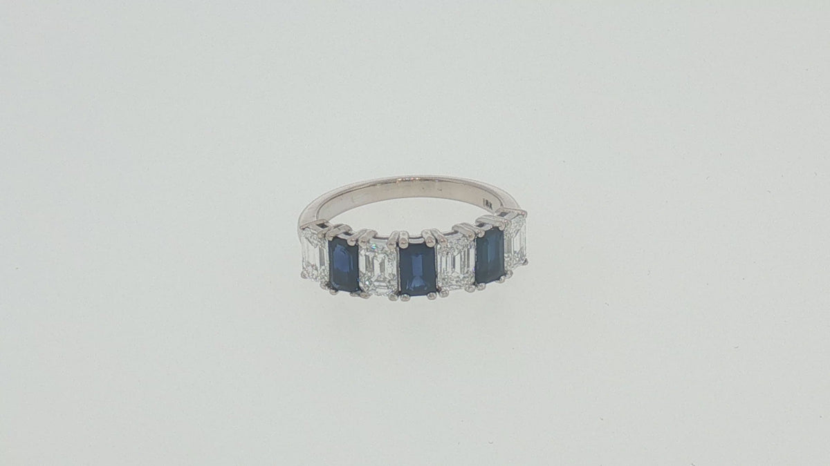 GIA Certified Emerald Cut Sapphire Diamond Band Ring in 18K White Gold